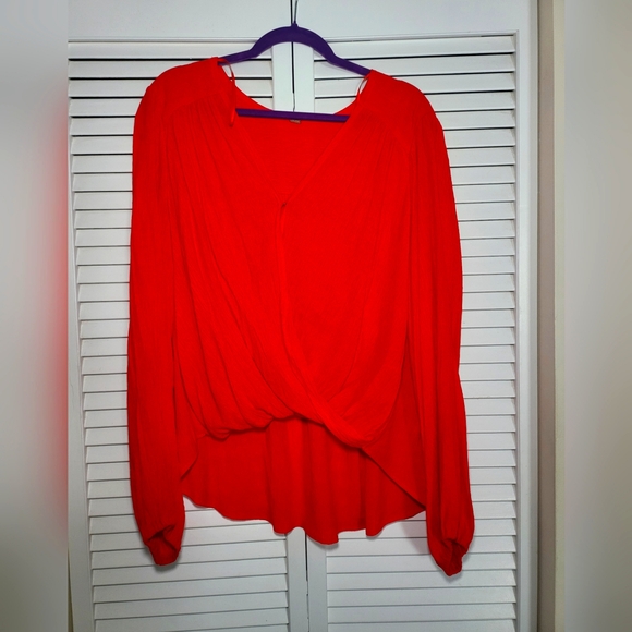 FP Faux-wrap Long Sleeve Top Flame Orange M Boho style blouse - Picture 3 of 9